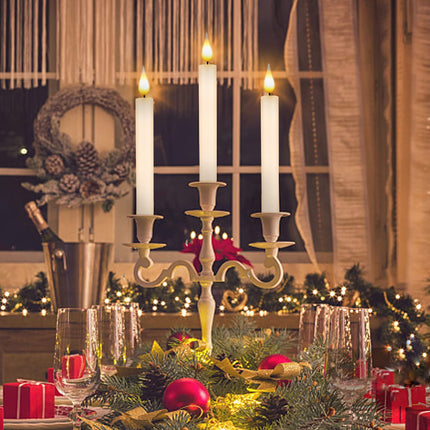 Flameless Window Candles with Remote Timer 10 PCS Battery Operated LED Flickering Taper Candle Lights with Removable Gold Candle Holders Best for Xmas Wedding Home Dinner Decor