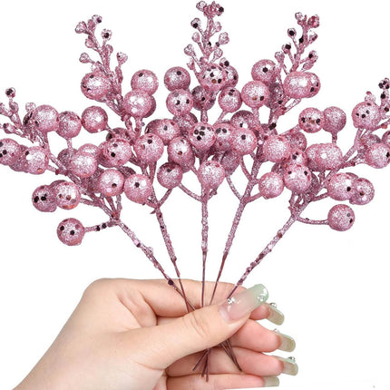 20 Pack Christmas Glitter Berries Stems, 8 Inch Champagne Artificial Christmas Picks for Christmas Tree Ornaments, DIY Xmas Wreath, Crafts, Holiday and Home Decor (Pink)