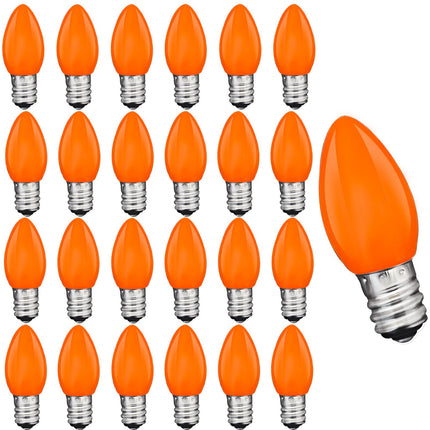 C7 25 Pack Orange LED Light Bulbs, Ceramic C7 Light Bulbs for Christmas Halloween Lighting, Outdoor C7 String Lights, C7/E12 Candelabra Base, 0.6 Watt