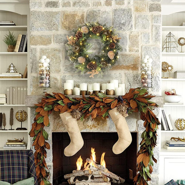 Christmas Wreath 20" Christmas Front Door Wreath Ornament with LED Lights Pinecone Berries Artificial Pine Garland for Party Table Fireplaces Porch Walls Years Halloween Home Decor