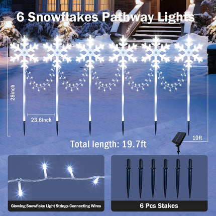 6 Pack Solar Snowflake Pathway Lights, Large Solar Christmas Lights Outdoor Waterproof Decorations, Led Snowflake Lights Outdoor with 8 Lighting Modes Walkway Garden Yard Patio Driveway Stake, White