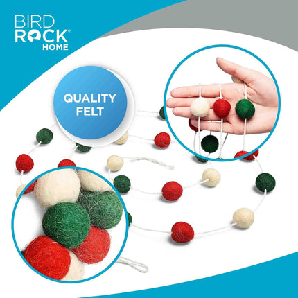 BIRDROCK HOME 3-Pack Felt Garland | 6.5ft or 78in Long Christmas Decoration with 24 Pom Pom Balls in Red, White & Green. Ideal for Trees, Fireplace Mantels, Stairs, Walls & Festive Holiday Decor Ideas