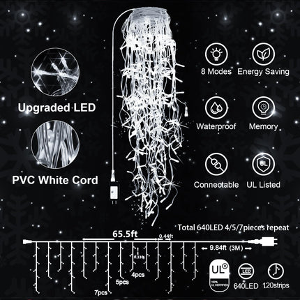 65 FT 640 LED Christmas Lights Outdoor Decorations Clear Wire String Lights Plug in 120 Drops 8 Modes Memory Timer Connectable Curtain Fairy Lights Waterproof for Holiday Wedding Party-Cool White