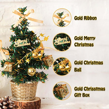 Mini Christmas Tree 8 Inch Gold Table Top Christmas Trees Artificial Tiny Miniature Xmas Tree with Snow Bow Snowflake Green Fake Trees for Indoor Tabletop Desktop Bedroom Decorations C00157