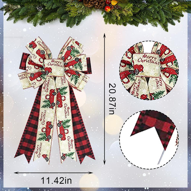 Threetols 2 PCS Large Christmas Bows for Wreath, Red Black Buffalo Plaid Wreath Bows Red Truck Bows for Front Door, Christmas Tree Bows for Winter Year Indoor Outdoor Decor