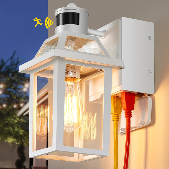 Porch Lights with GFCI Outlet, Dusk to Dawn Motion Sensor Outdoor Lights, 3 Lighting Modes Exterior Light Fixture, Outside Lights for House Front Door Patio Garage(White)