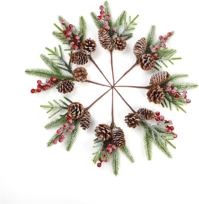 U'Artlines 20Pcs Christmas Red Berry Picks 10 inch Artificial Holly Branches with Red Berry and Pine Cones, Winter Holiday Floral Picks for Xmas Tree DIY Crafts Holiday Party Decoration