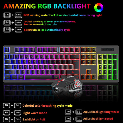 Wireless RGB Gaming Keyboard and Mouse - Rechargeable RGB Backlit Keyboard Mouse Long Battery Life,Mechanical Feel Gaming Keyboard with 7 Color Wireless Gaming Mouse for PC Game and Work