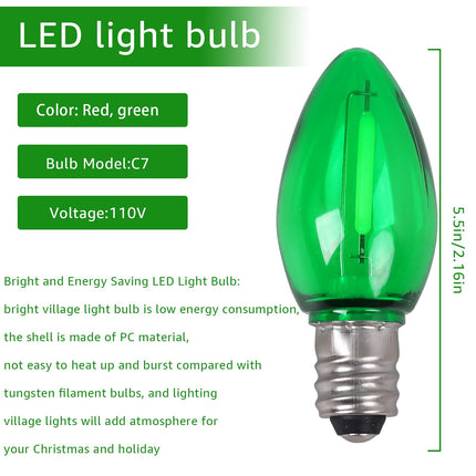 Christmas Village Lights - Blow Molded Light Cord,with 8 LED Red & Green Bulbs,14 ft Long with Switches C7 LED Light String is Suitable for Christmas House Lights and Holiday Craft Decorations