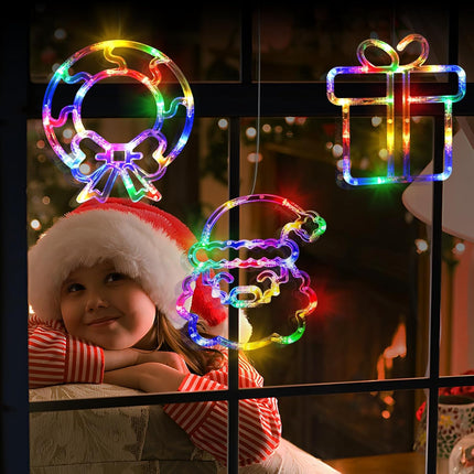 LOLStar Christmas Decorations, 3 Pack Multicoloured Wreath, Box, Santa Claus Christmas Window Lights, 8 Flashing Modes USB Powered Curtain Lights for Year, Indoor, , Party Supplies