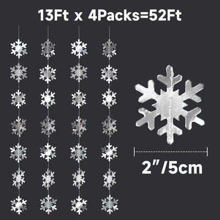 Snowflake Garlands, 52Ft Silver Christmas Snowflake Garland, 2" Winter Wonderland Garland Glitter, White Christmas Garland for Year, Xmas, Frozen, Winter Wonderland Party Decoration