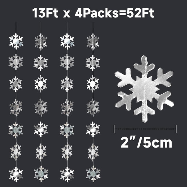 Snowflake Garlands, 52Ft Silver Christmas Snowflake Garland, 2" Winter Wonderland Garland Glitter, White Christmas Garland for Year, Xmas, Frozen, Winter Wonderland Party Decoration