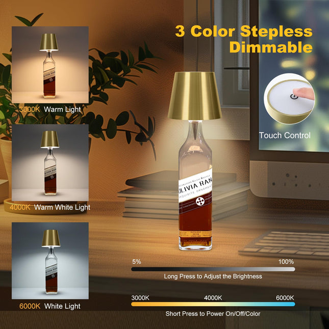 Wireless Bottle Lamp, 3 Color Rechargeable Wine Bottle Lights for Bars Restaurants (Electroplated Gold Color, 1PC)