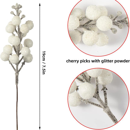 Crafare 24 Pack 7.5Inch Christmas Glitter Berries Stems Artificial Christmas Picks for Christmas Tree Ornaments, DIY Xmas Wreath, Crafts, Holiday and Home Decor, White