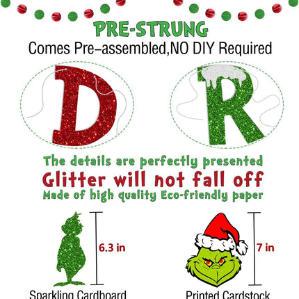 Drink Up Grinches Banner, Glittery Christmas Decorations Banners Winter Holiday Garland Photo Props Banner for Party Home Decorations