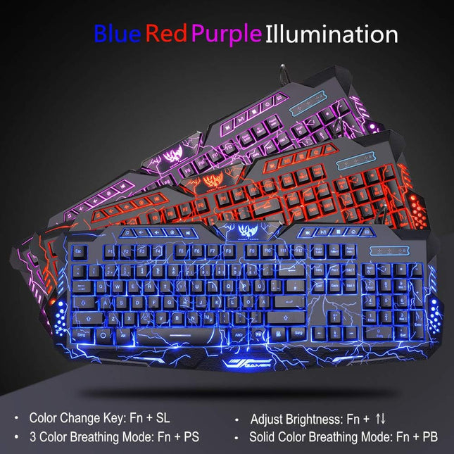 Gaming Keyboard and Mouse,USB Wired Backlit Gaming Mouse and Keyboard Combo,Letters Glow, 3 Color Crack Backlit,Illumination Keyboard and Mouse Set for Game and Work