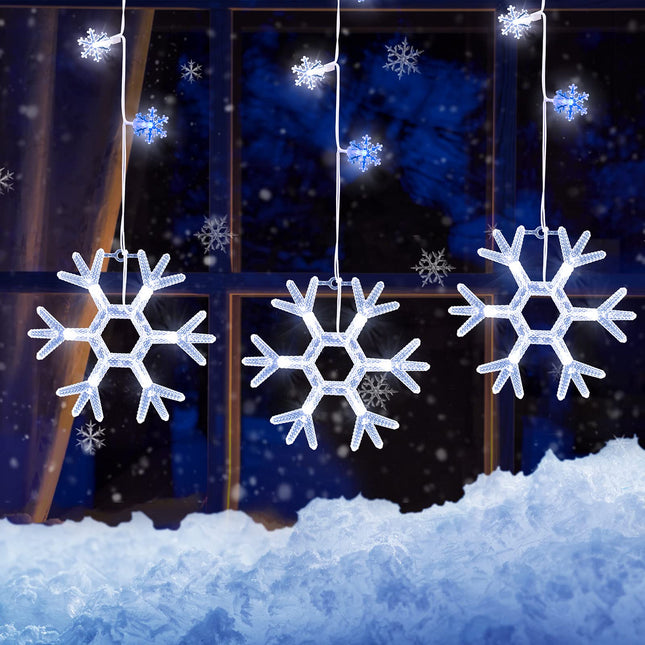 Minetom Christmas Snowflake Icicle Lights Outdoor - Plug-in 7ft 7 Drops 80LED Snowflake Lights, Connectable for Outdoor Porch Eaves Roof Pergola Canopy Christmas Decor (Blue and White)