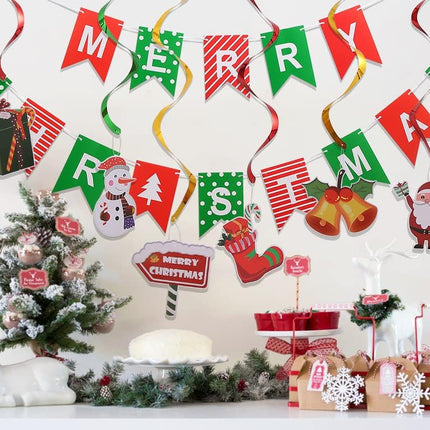 Merry Christmas Party Decorations Banner - Red Green Merry Christmas Banner, Pennant Flags Garland And Hanging Swirls for Christmas Party Decoration, Christmas Home Office Background Decor (MCB)