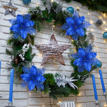 24 Pcs Christmas Blue Glittered Mesh Holly Leaf Artificial Poinsettia Flowers Picks Tree Ornaments 5.9" W for Blue Christmas Tree Wreath Garland Floral Winter Wedding Holiday Decoration