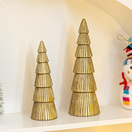 Christmas Tree Figurine, Table Top Small Gold Christmas Decorative Statues, Set of 2 Desk Centerpieces for Neutral Christmas Decor, Modern Mantle Christmas Decorations,