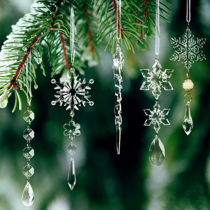 18pcs Christmas Tree Decoration Crystal Ornaments - Hanging Acrylic Christmas Snowflake Icicle Drop Crystal Ornaments for Christmas Tree Winter Year Party Supplies