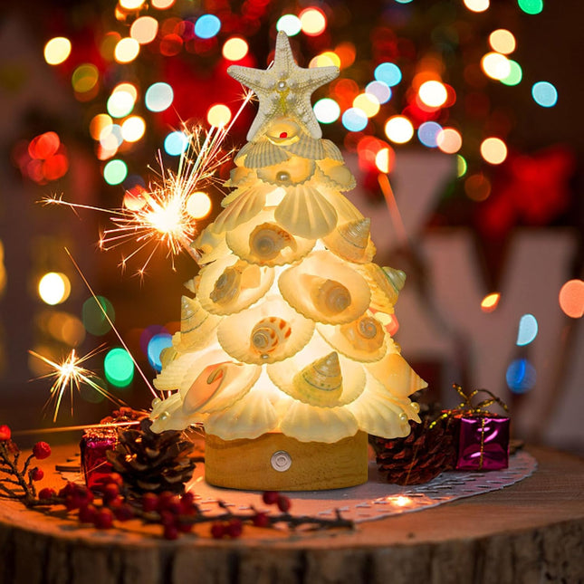 Sea Shells Christmas Tree Handmade Crafts Tabletop Shells Christmas Tree with LED Light, for Christmas & Beach Decoration, Party Birthday , Home Decor, Figurines Christmas Tree