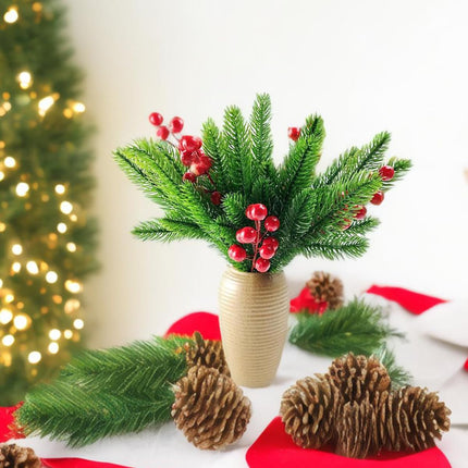 32PCS Artificial Pine Branches Christmas Holly Berries Artificial Red Berry Stems for Christmas Wreath Decorations Xmas Tree Decoration