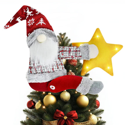 Christmas Tree Topper Gnome Decorations with Lights Star, Handmade Embrace Christmas Tree Gnome with Lighted Star，Christmas Home Decor Curtain Tie Wine Bottle Decoration, Red Hat