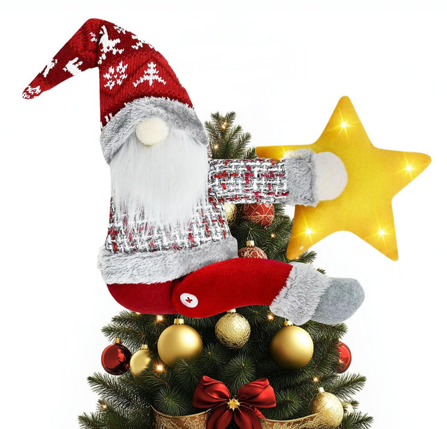 Christmas Tree Topper Gnome Decorations with Lights Star, Handmade Embrace Christmas Tree Gnome with Lighted Star，Christmas Home Decor Curtain Tie Wine Bottle Decoration, Red Hat