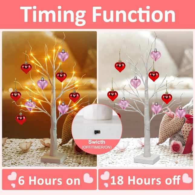 Valentines Day Decorations 24 Inch Lighted Birch Tree with 10pcs Red Pink Heart Hanging Ornaments, Battery Powered Valentine Tree with 24 LED Lights for Home Indoor Party Wedding Decor (2 Pack)