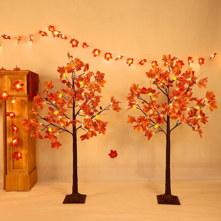 TURNMEON Thanksgiving Decorations 2 Pack 4 Ft Prelit Lighted Fall Maple Tree with Remote Control Timer 3D Patented Pumpkin Lights 96LED Warm Lights 8 Modes Acorns Thanksgiving Decor Indoor Outdoor