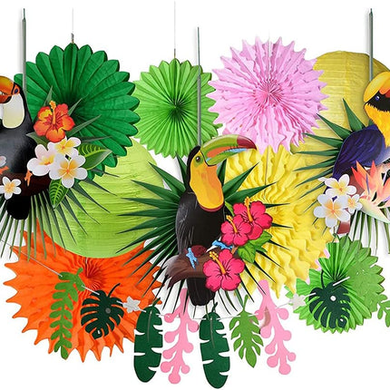 Tropical Bird Toucan Leaf Garland Party Kit for Summer Hawaiian Luau Tiki Tropical Jungle Themed Party Decorations Luau Party Supplies Decor with Paper Palm Leaves Paper Fan Paper Lanterns