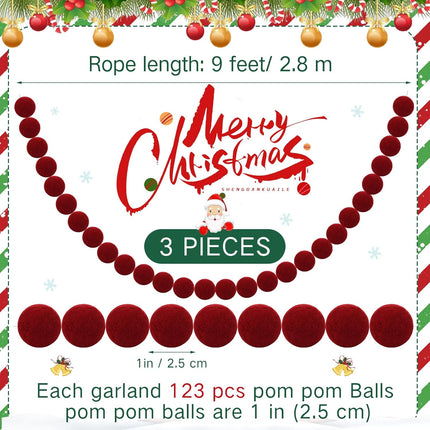 3 Pcs 9 Ft Christmas Pom Pom Garland 123 Ball Hanging Felt Ball Pompom Bead Ornament String Banner Garland for Wall Christmas Tree Indoor Home Room Decoration(Dark Red)