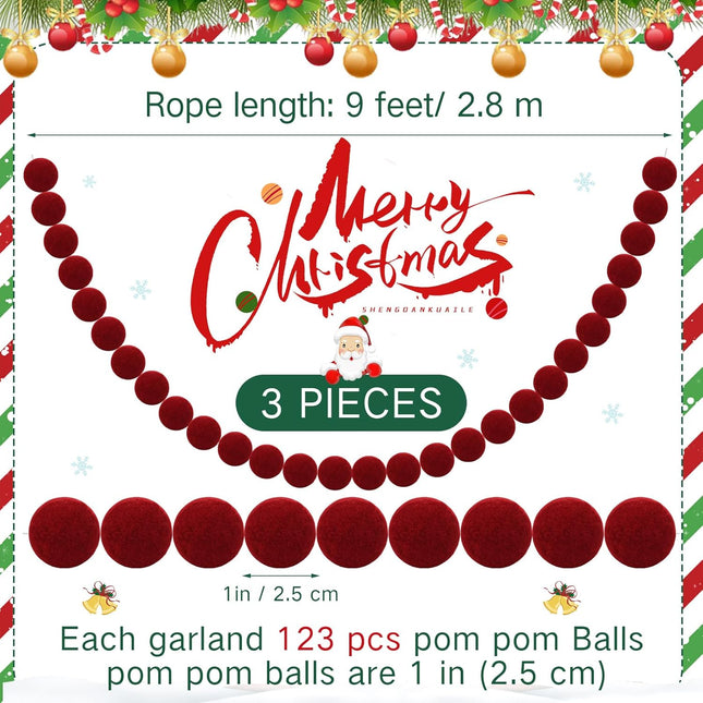 3 Pcs 9 Ft Christmas Pom Pom Garland 123 Ball Hanging Felt Ball Pompom Bead Ornament String Banner Garland for Wall Christmas Tree Indoor Home Room Decoration(Dark Red)