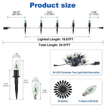 C9 Christmas Pathway String Lights with 20 Christmas Tree Light Bulb Decor- 24.5ft LED Christmas Path Marker Light with 20 Stakes Connectable Outdoor Walkway Lights for Xmas Lawn Yard Garden(20 Light)