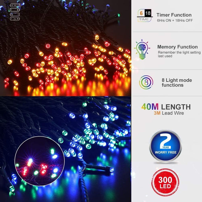 Quntis Battery Operated Christmas Lights - 132FT 300LEDs Waterproof Battery String Lights Outdoor Indoor 8 Modes LED Christmas Tree Lights with Timer Decoration for Xmas Tree Garden Party - Multicolor