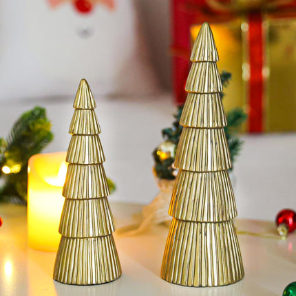 Christmas Tree Figurine, Table Top Small Gold Christmas Decorative Statues, Set of 2 Desk Centerpieces for Neutral Christmas Decor, Modern Mantle Christmas Decorations,