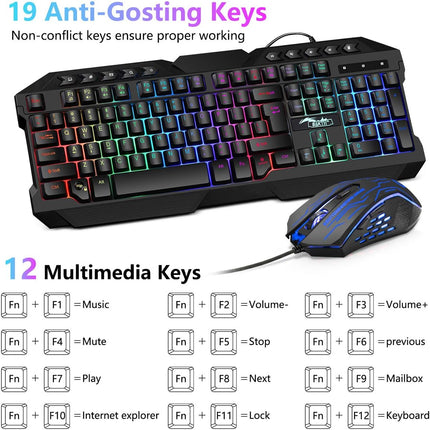 Multiple Color LED Rainbow Backlit Wired Gaming Keyboard and Mouse Combo, USB Ergonomic Computer Keyboard with 7 Colors 3600DPI 6 Button Mouse for PC Windows Mac Game and Work