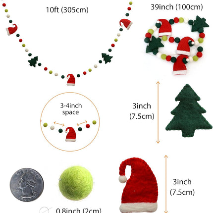 Glaciart One Christmas Felt Balls Garland - Pompom Holiday Decoration Hand-Made from Natural Wool - Cute Hanging Decor for Christmas Tree, Mantel, Kids Bedroom, Living Room, Nursery - 10 Feet Long