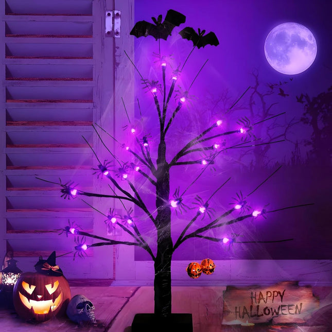 Halloween Decorations Indoor Spider Lights Tree,2Ft Black Spooky Tree with Spider,Spider Web,Bat and Pumpkin Bell Halloween Tree Decorations,Battery and USB Desktop Halloween Black Tree for Home Decor