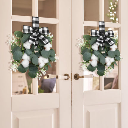 Dingion 2 Pcs 10" Christmas Kitchen Cabinet Wreaths Mini Cotton Eucalyptus Wreath for Front Door Small Farmhouse Winter Wreath with Buffalo Plaid Ribbon for Door Porch Wall Window Chair Decor