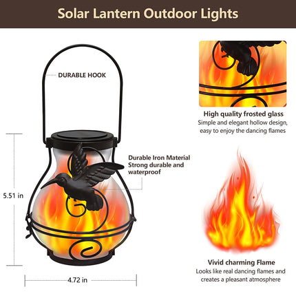 2 Pack Solar Flickering Flame Lights,Outdoor d Solar Metal Lantern for Hanging Solar Powered Waterproof LED Flame Glass Lanterns for Patio Garden Christmas Halloween Decorations