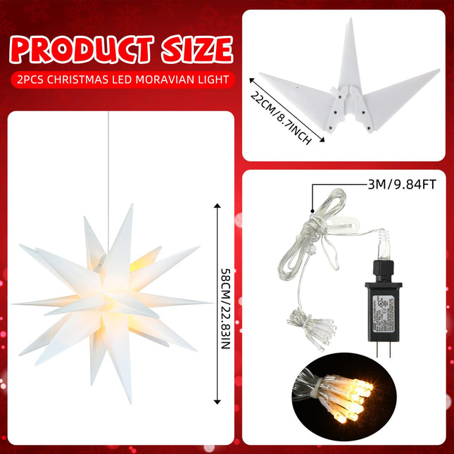 2 Pcs 23 Inch Large White Moravian Star Shaped Light LED Christmas Light 3D Star Lantern Hanging Star Decorations for Xmas Tree Topper Holiday Courtyard Outdoor Ornaments(Simple Style)