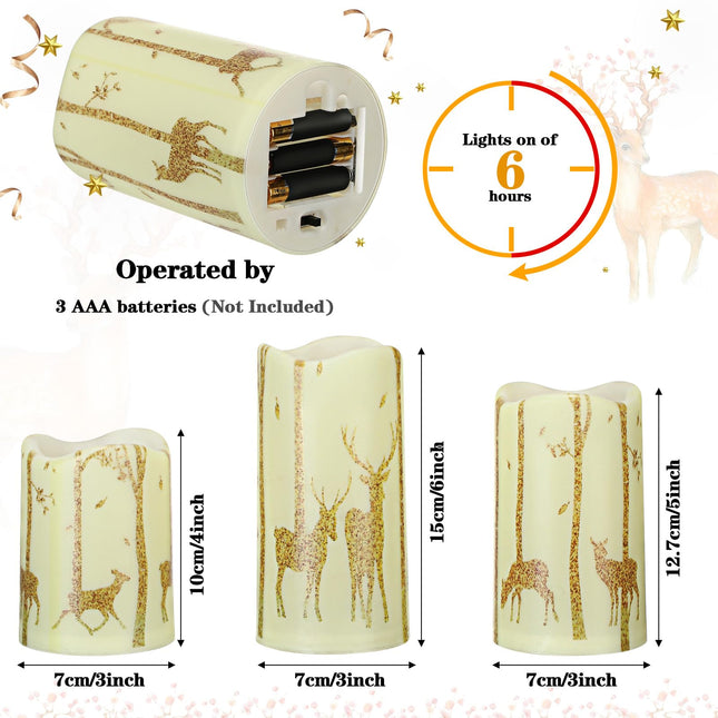 VIHOSE 3 Pcs Christmas Flameless Candles Decor Realistic Flickering Candle Battery Operated Real Wax LED Pillar Candles with Gold Deer Decal Warm Light for Christmas Home Decor