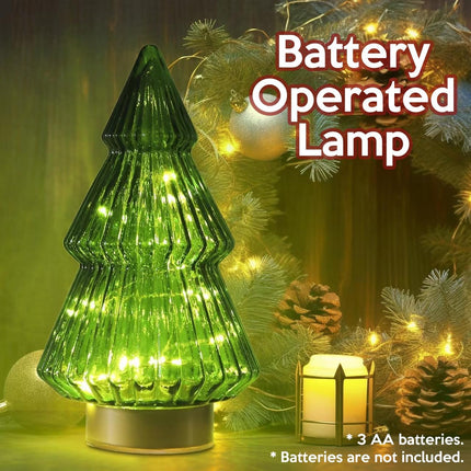 Glass Christmas Tree, Battery Operated Green Lit Christmas Tree Figurine, Lighted Mercury Glass Decor Cordless Cone Crystal Christmas Tree Tabletop Lamp, Light Up Christmas Tree with Lights