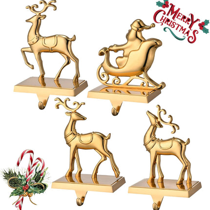 Antique Gold Reindeer & Sleigh Stocking Holder Set for Mantle Set of 4,Deer Stocking Hangers for Firepiece,Christmas Decorations Mantel Hanger for Stocking/Garland (Retro Gold)