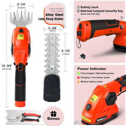SHALL Cordless Grass Shear & Hedge Trimmer - 7.2V Electric Shrub Trimmer 2 in 1 Handheld Grass Trimmer Hedge Shears, Hedge Clippers Grass Cutter w/ Pruning Scissor, Rechargeable Battery & Fast Charger