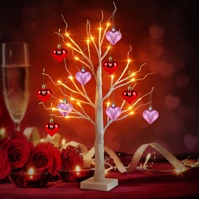 Remon Valentine 2Ft Birch Tree Light, 24 LED White Birch Tree Battery Powered Timer, Artificial Valentine Tree Included Set of 10 Valentine's Day Heart Ornaments for Table Center Decor Home Indoor
