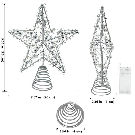 Christmas Star Tree Topper with 20 LED Lights, Battery Operated 9 Inch Metal Hollow Design, Easy-to-Install Christmas Tree Decorations for Holiday and Christmas Home Décor, Silver