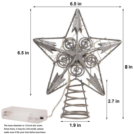 Juegoal Star Tree Topper with 20 LED Lights, Metal Silver Lighted Treetop Ornaments, Battery Powered Light Up Christmas Tree Decorations, 6.5 x 6.5 Inches